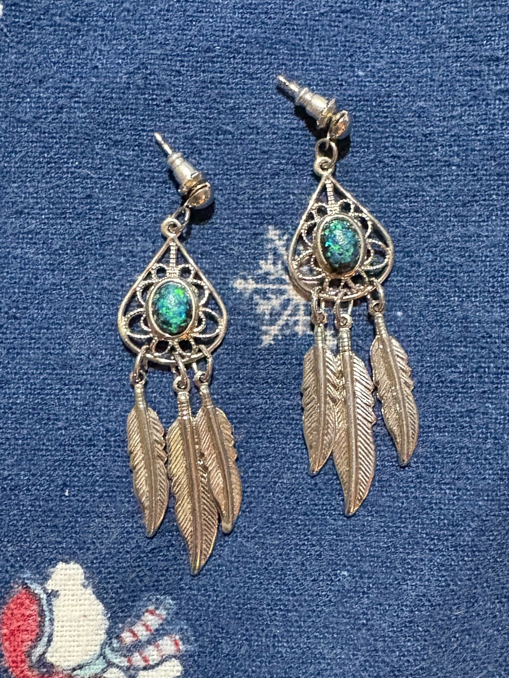 Silver Tone Feather Drop Earrings with Green Opal Accent